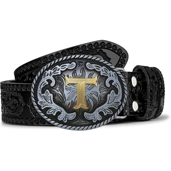Men's Blue/Black Standard Western Cowboy Initial Letter T Oval Belt Buckle - Picture 2 of 6